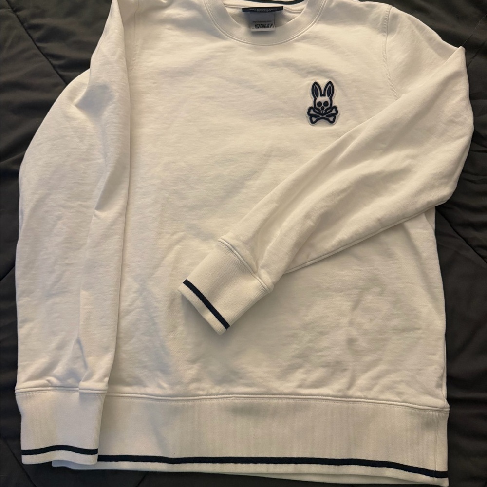 Psycho Bunny White Crewneck Sweater with Navy Accents